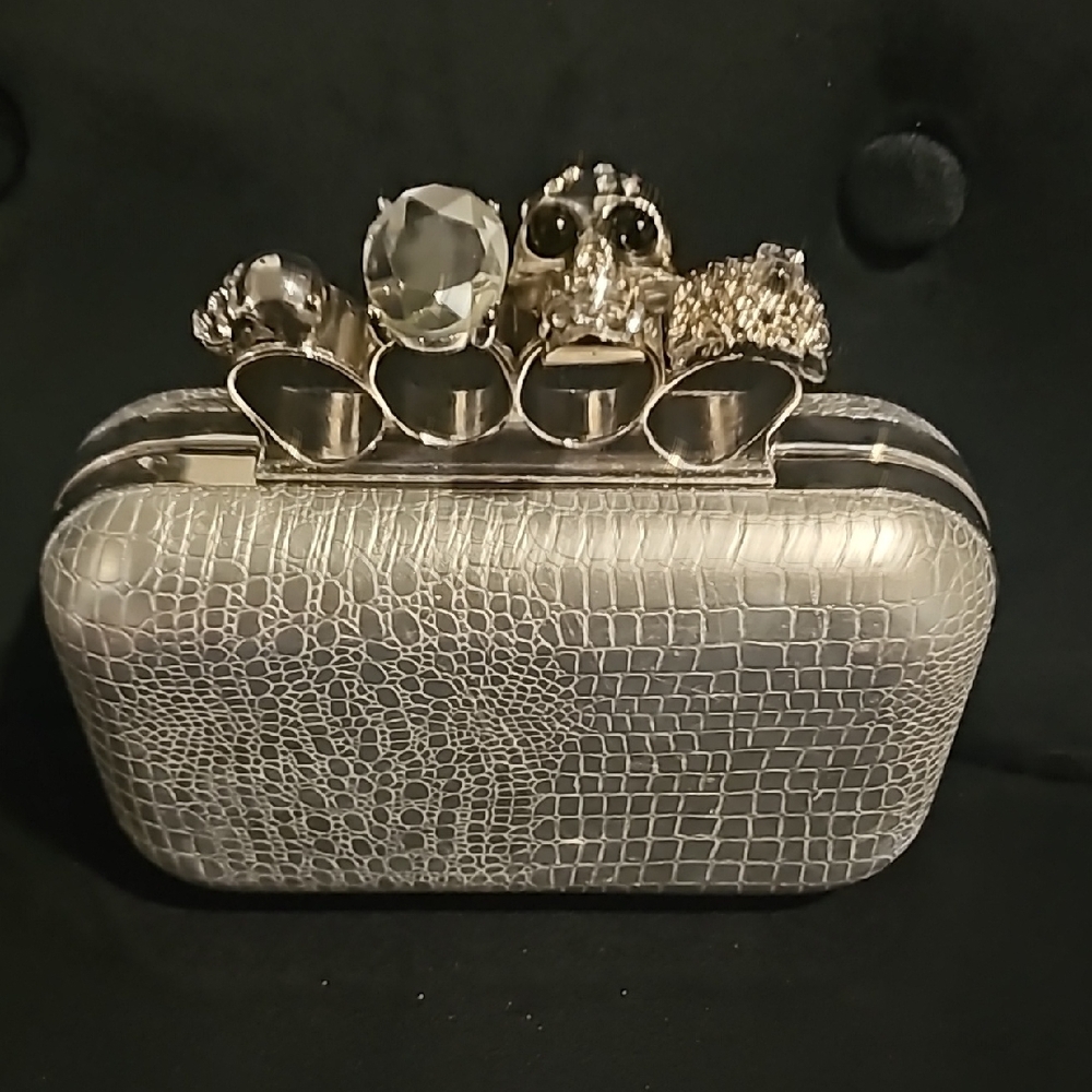 Silver Skull MCQ Inspired Brass Knuckle Crocodile Pattern Clutch Bag